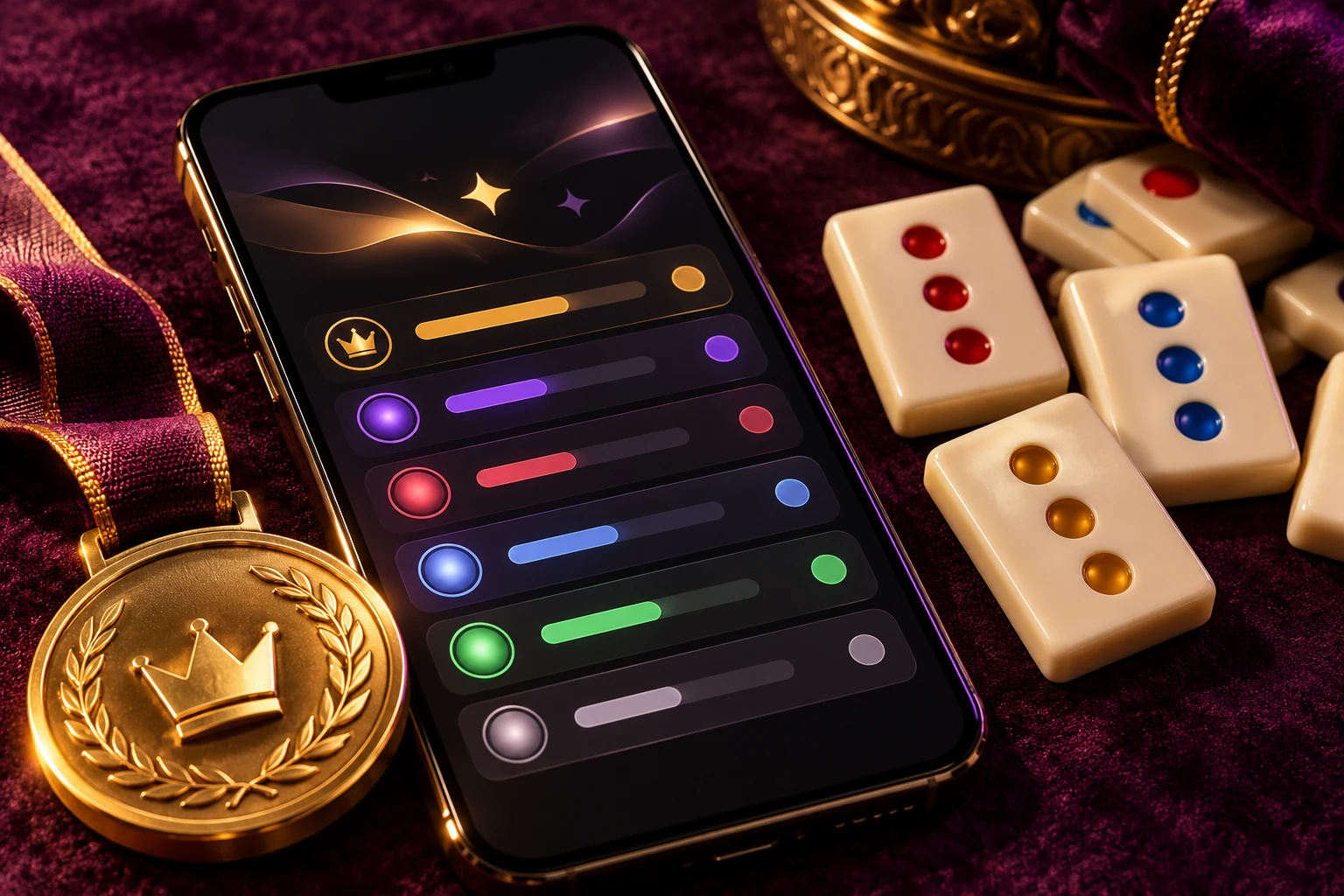 Een telefoon met een scorekaart naast Okey-stenen en een medaille